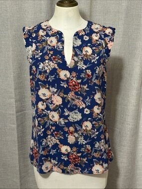 41 Hawthorn Cap Sleeve Blouse-Sz S-Floral-Blue/Pink/Red-Polyester-V Neck Detail